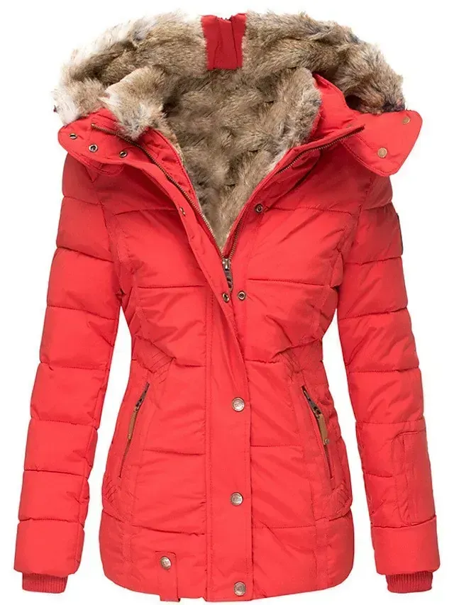Women's Winter Parka Fleece Lined Puffer Jacket with Hood Pink Zipper Warm Coat with Pocket Active Comfortable Street Style Outerwear Long Sleeve