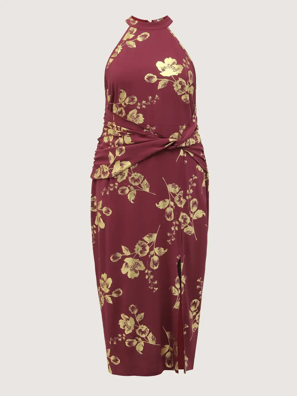 Gold Stamped Rose Twist Waist Midi Dress