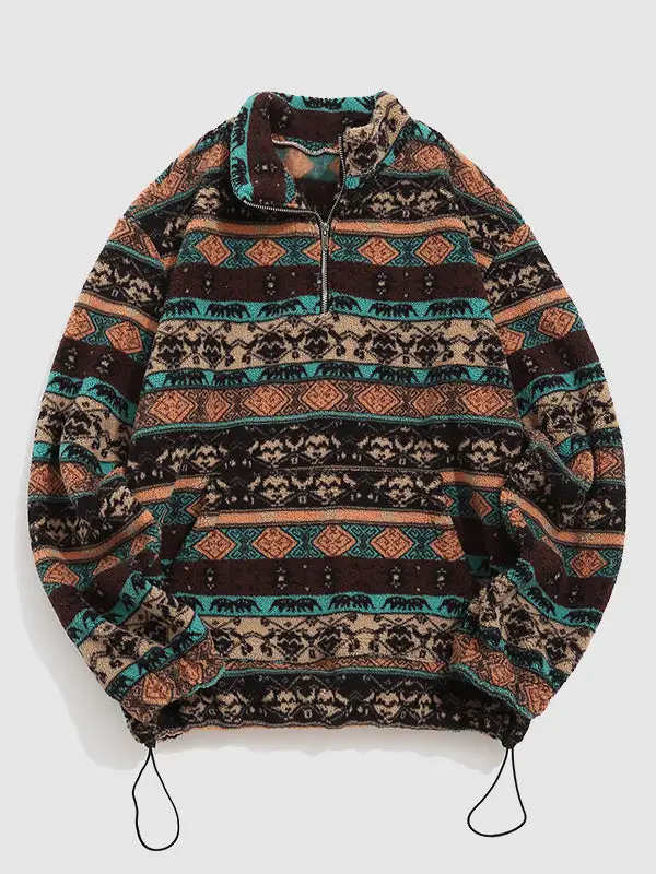 Men's retro ethnic style plush stand collar sweatshirt jacket