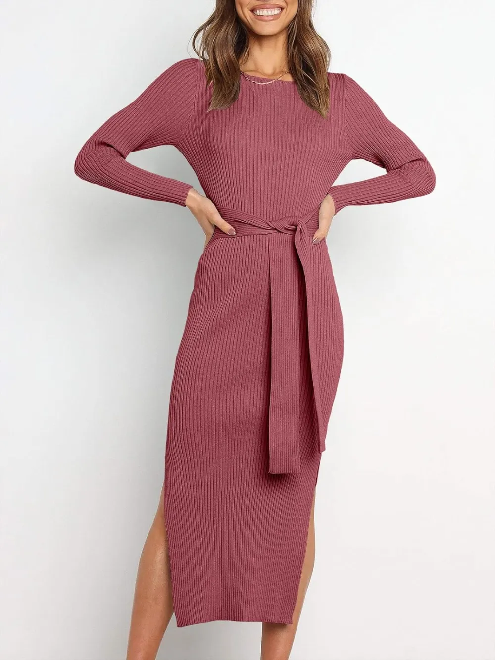Long Sleeve Sweater Dress Crew Neck Slim Fit Slit Tie Waist 2024 Ribbed Knit Bodycon Midi Dress Fall Outfits