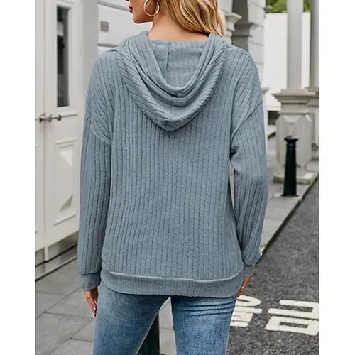 Women's Texture Sweatshirt Waffle Sweatshirt  Pullover Hoodie Sweatshirt Plain Streetwear Casual Long Sleeve Hooded Regular Tops Street Holiday Going out Buttons Black White Pink Wine Fall Winter