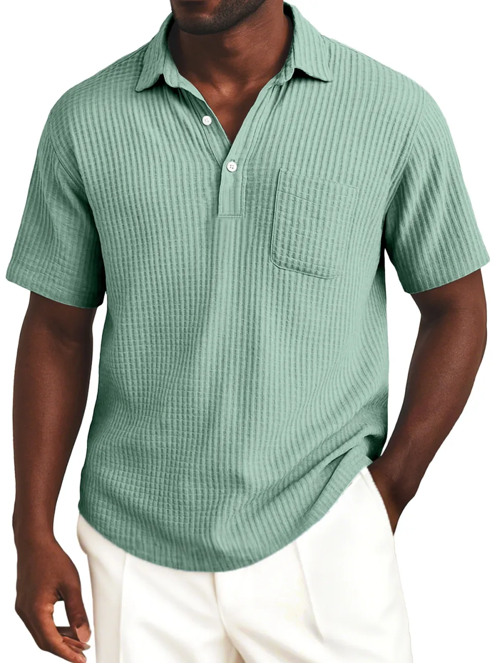 Men's Simple Everyday Solid Color Waffle Lapel Button-up Polo Shirt
