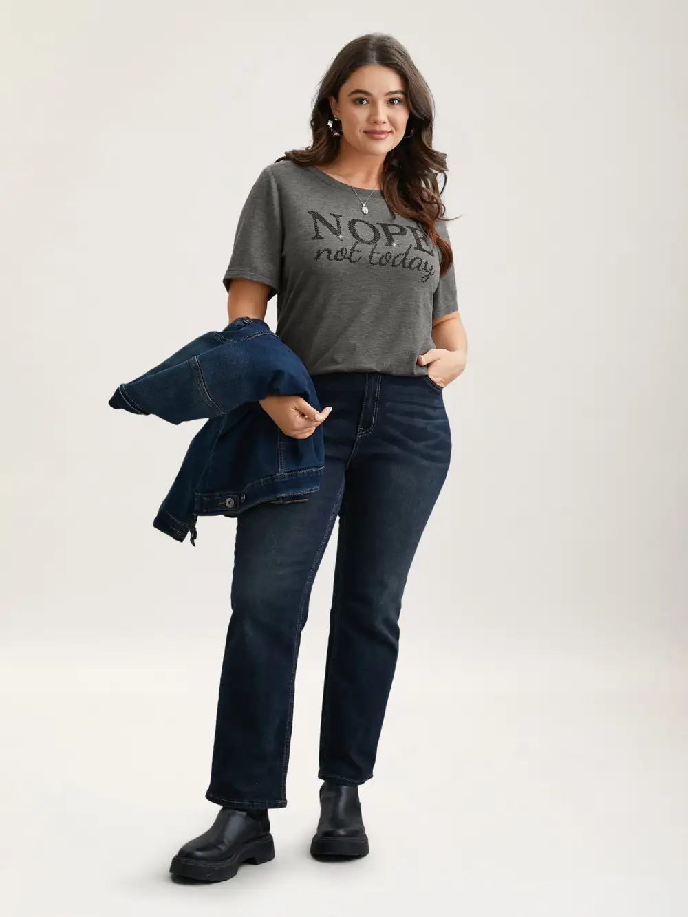 Nope Not Today Print Rhinestone Round Neck T-Shirt