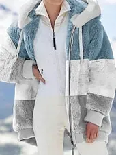 Women's Fleece Jacket Teddy Coat Hoodie Jacket Warm Breathable Zipper Pocket Color Block Fleece Lined Casual Stripe Vacation Street Daily Wear Going out Zipper Regular Hoodie Regular Fit Long Sleeve