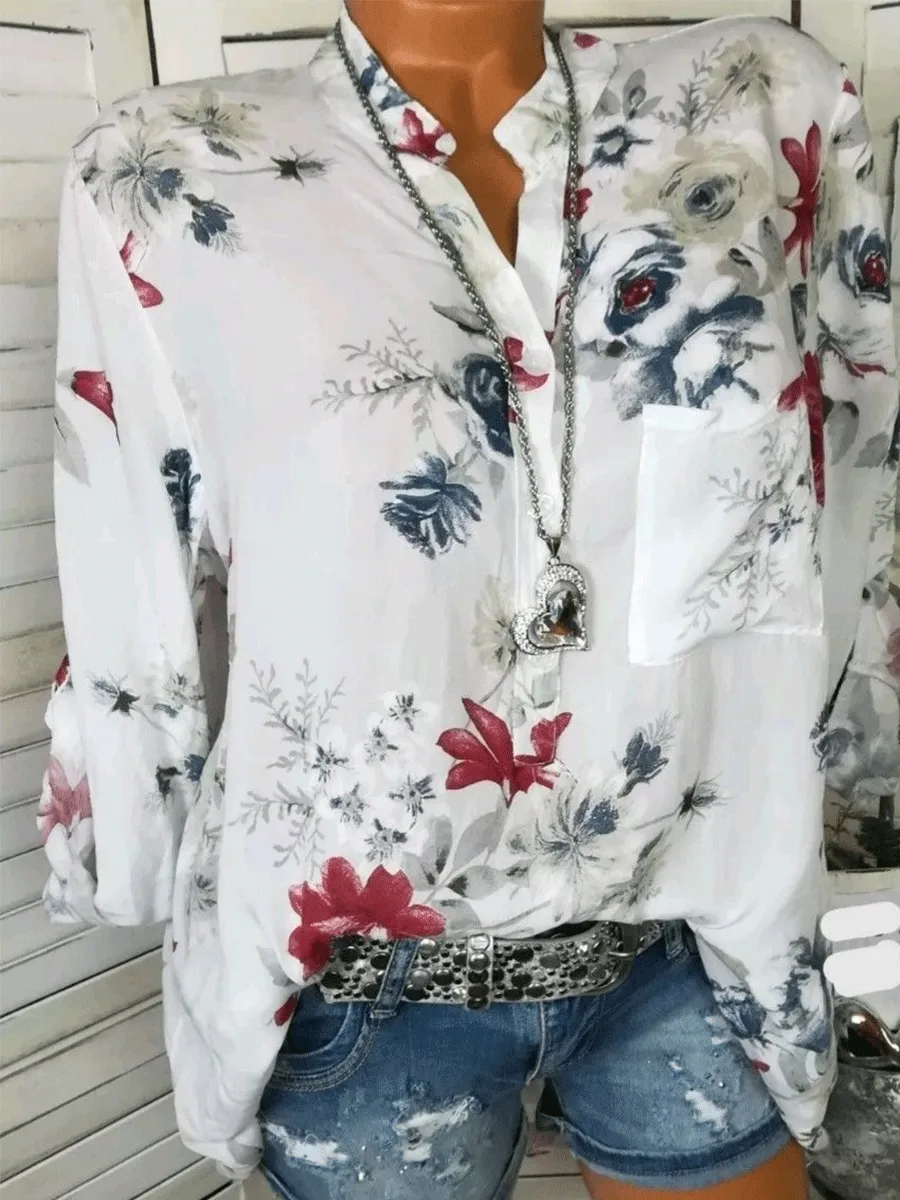 Cotton V-Neck Button Floral Printed Tops