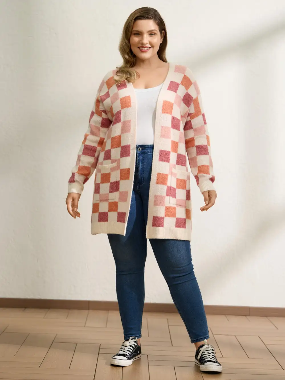 Checkered Color Contrast Open-Front Cardigan