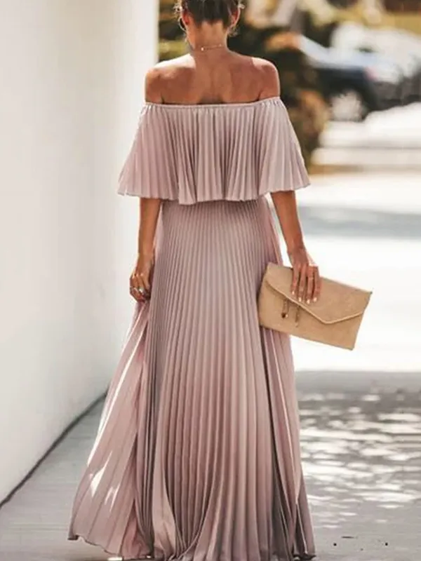 Loose Pleated Solid Color Off-The-Shoulder Maxi Dresses