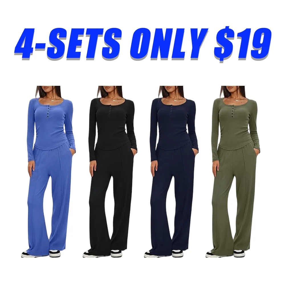 Women's Autumn Fashion Two-Piece Casual Suit Long Sleeve Top Henley Shirt Wide Leg Pants Travel Suit