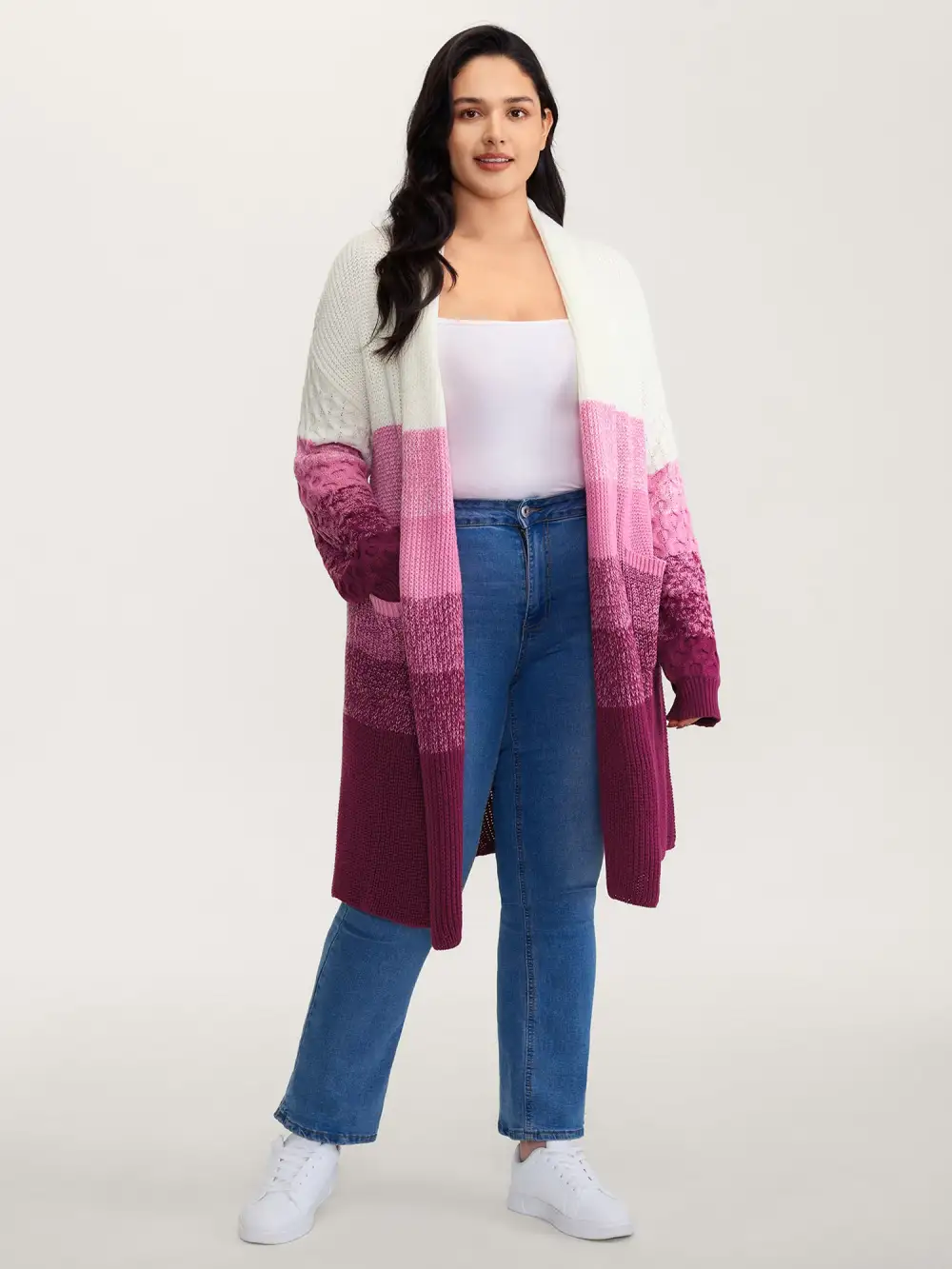Colorblock Textured Folded Collar Knit Cardigan