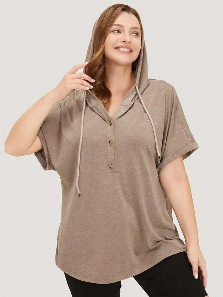 Plain Drawstring Roll Sleeve Button Up Hooded T-shirt