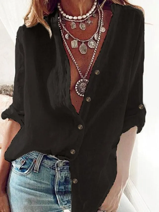 Women's Shirt Blouse Tunic White Blue Plain Long Sleeve Work Casual Daily Daily Basic Casual Standing Collar Regular Fit Fall & Winter
