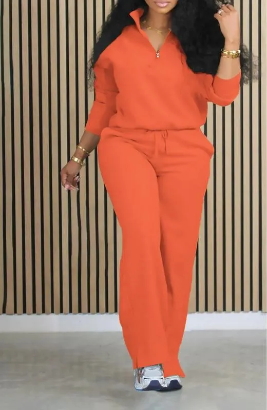 Women's Solid Half Placket Split Hem Pants Set