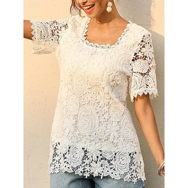 Women's Lace Blouse Floral Pattern White Square Neckline Short Sleeve Casual Elegant Spring Summer