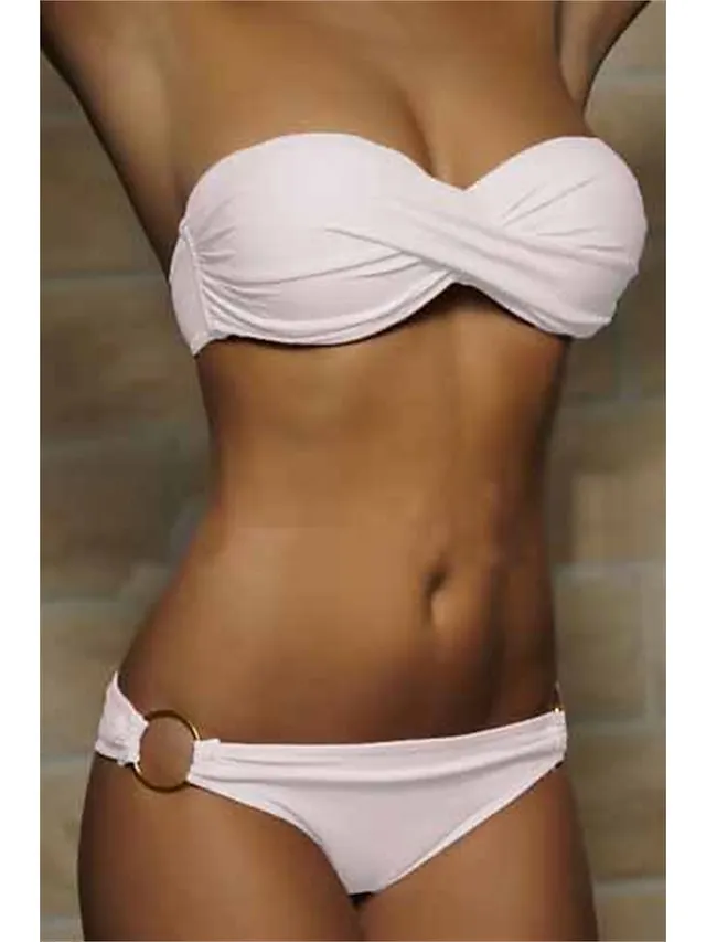 Women's Swimwear Bikini 2 Piece Normal Swimsuit Ruched 2 Piece Open Back Sexy Pure Color Black White Yellow Pink Red Padded Strapless Bathing Suits New Vacation Beach Wear