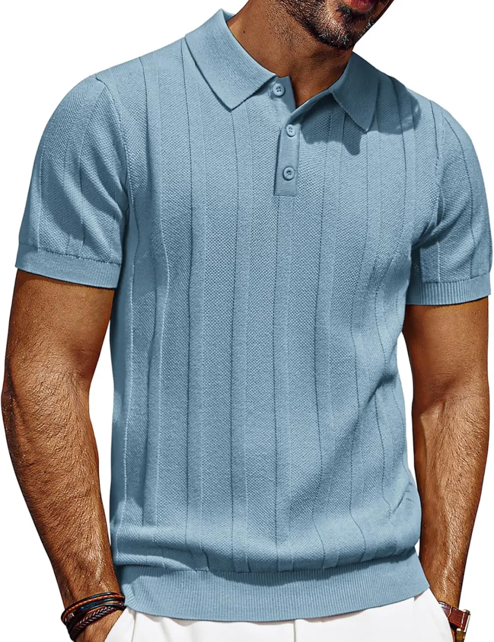 CLEARANCE SALE🔥Mens Polo Shirts Short Sleeve Textured Knit Polo Shirt Ribbed Casual Golf Shirts