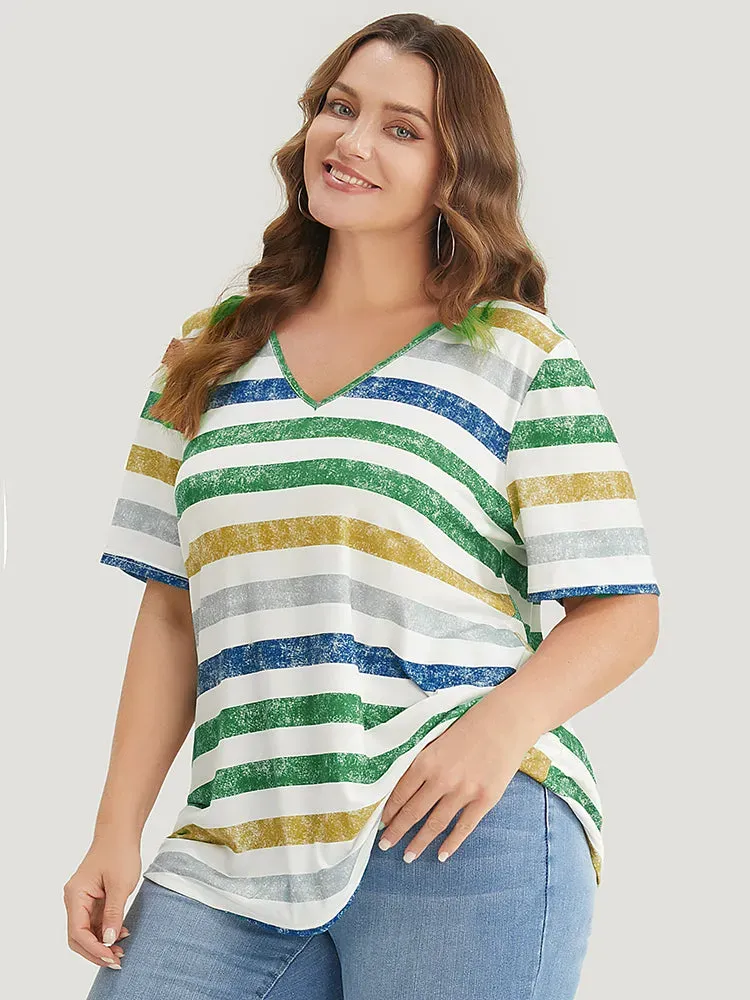 Striped Contrast V Neck T-shirt