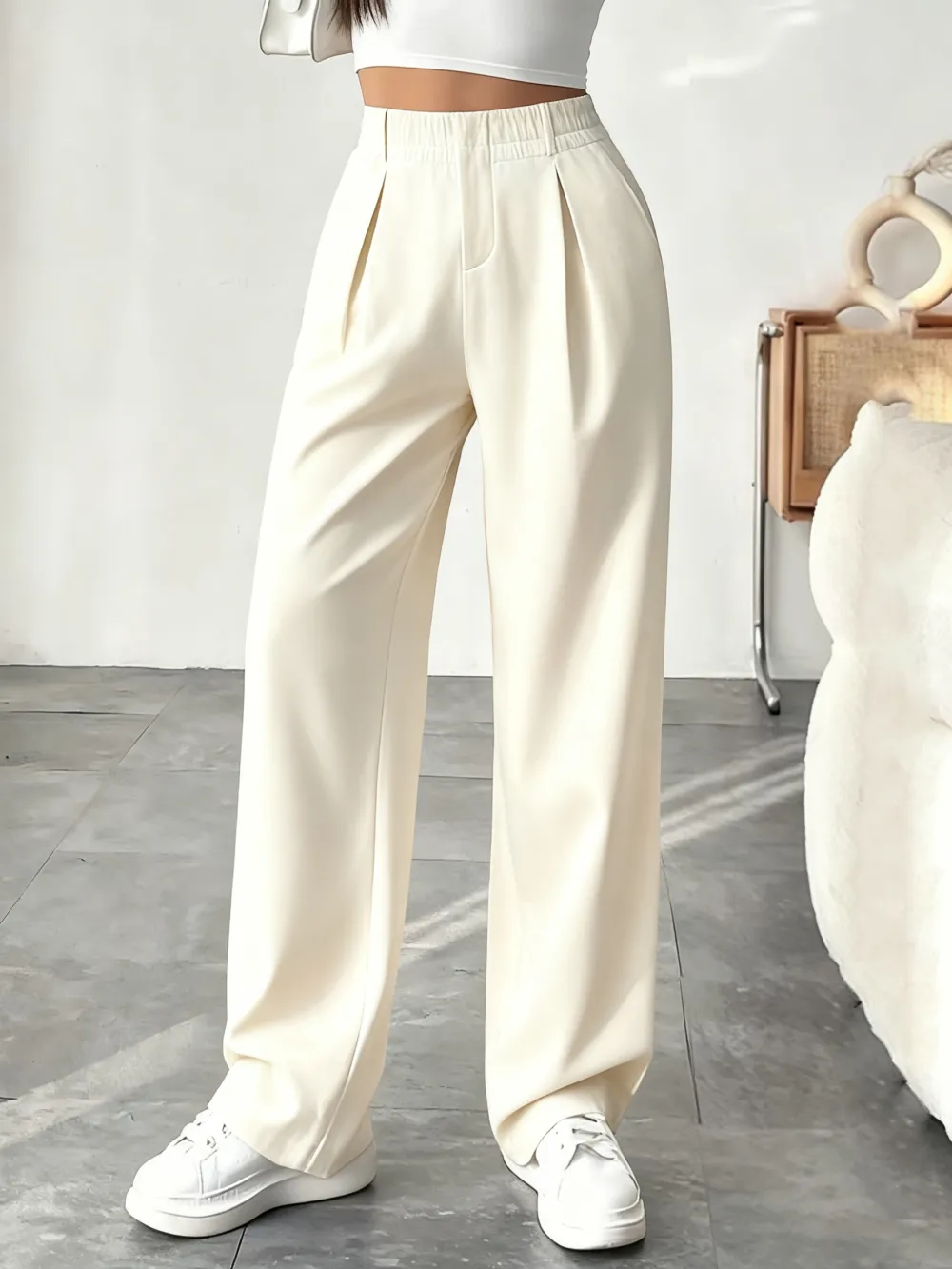 Women's Solid Wide Leg Pants: Pleated Pocket, Zipper Fly (Work/Office, Spring/Fall)