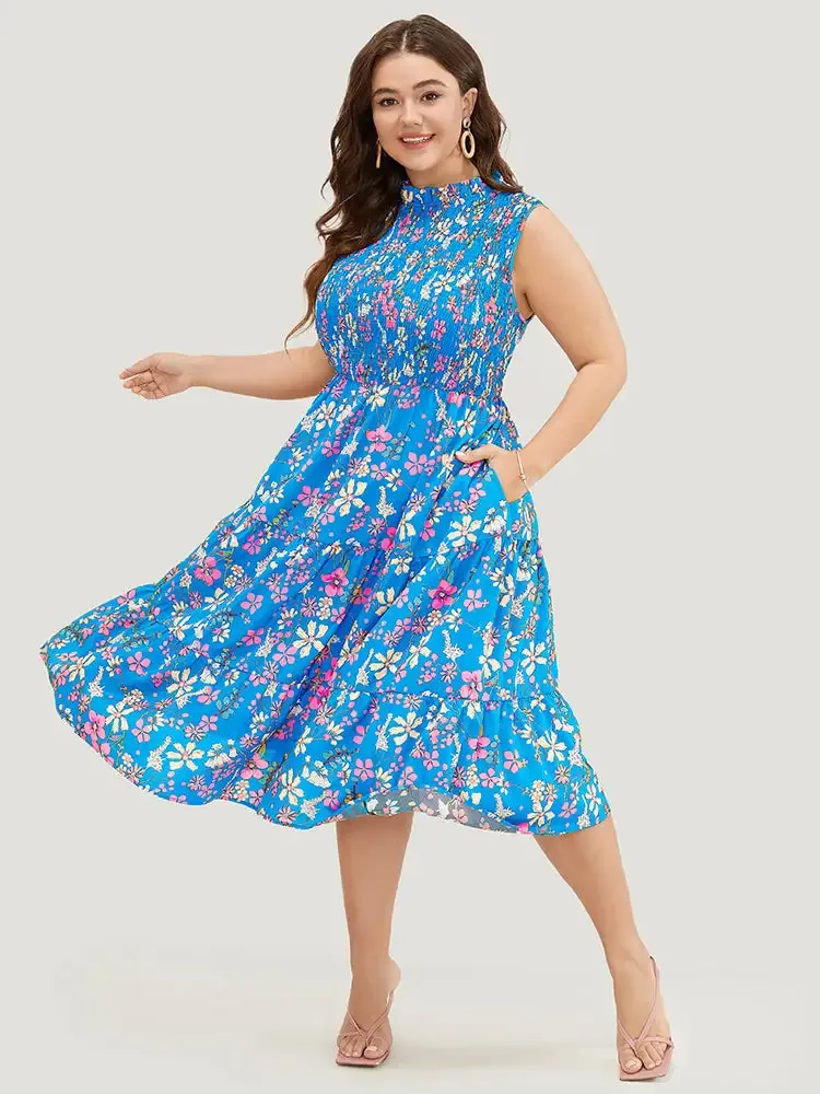 Floral Shirred Mock Neck Cut Out Pocket Ruffle Hem Dress