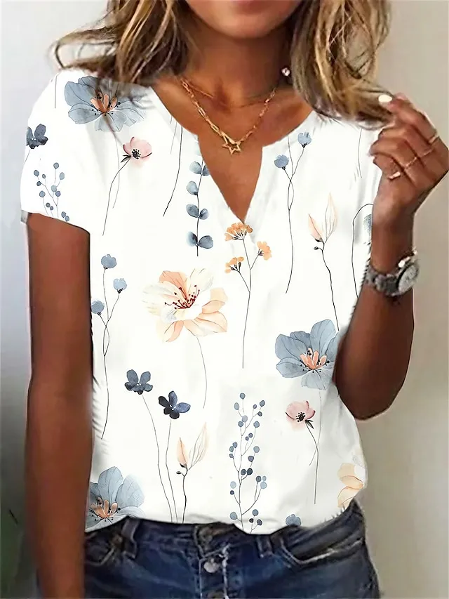 Women's T shirt Tee Henley Shirt Leaf Holiday Weekend White Pink Navy Blue Print Short Sleeve Basic V Neck Regular Fit