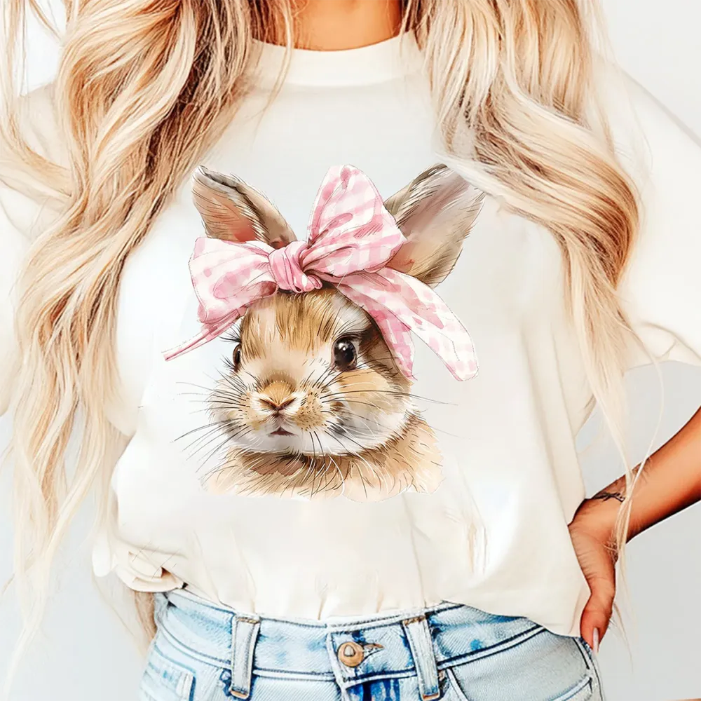 Easter Bunny With A Bow Printed Round Neck Short Sleeve T-Shirt