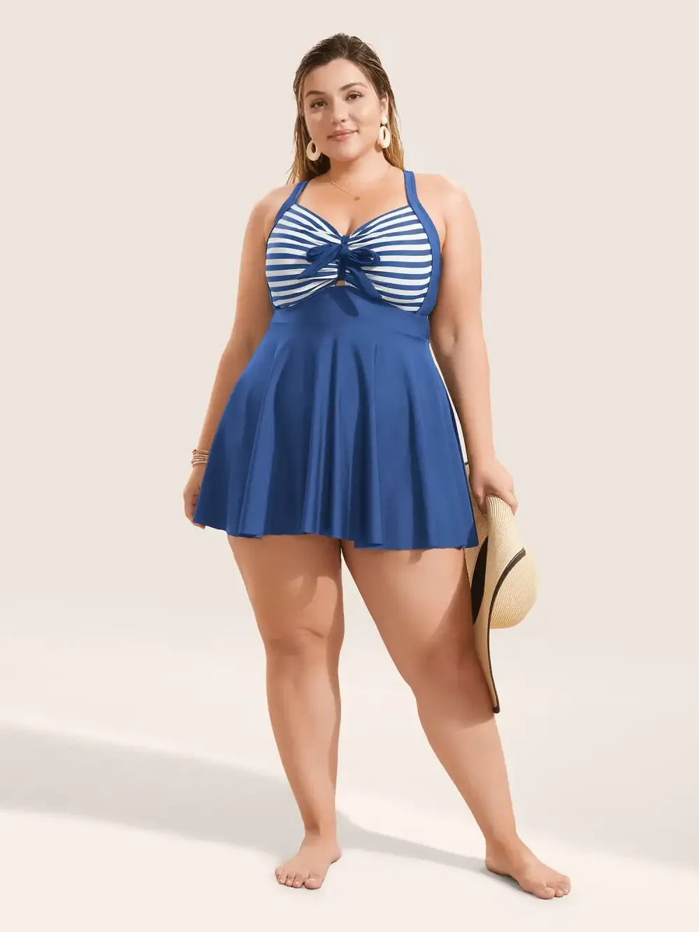 Stripes Patchwork Tie Knot Cross Straps Swim Dress