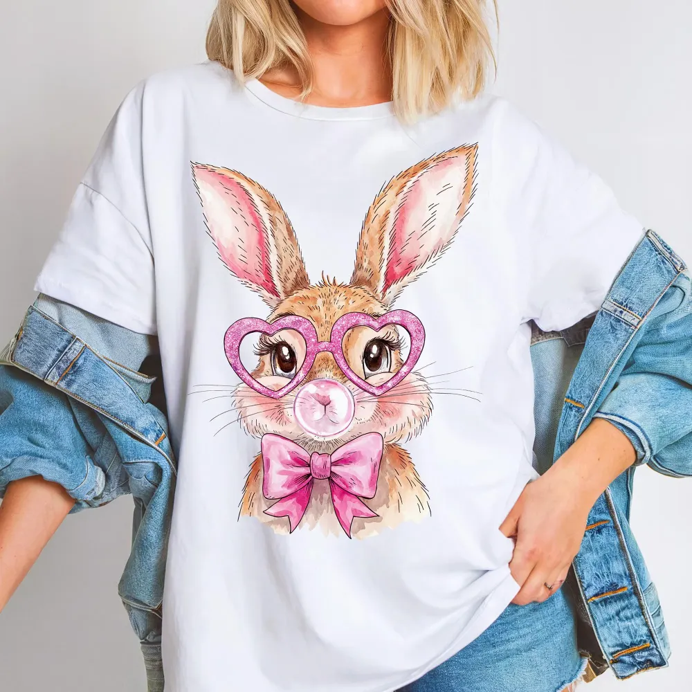 Easter Bunny Blowing Bubbles Printed Round Neck Short Sleeve T-Shirt