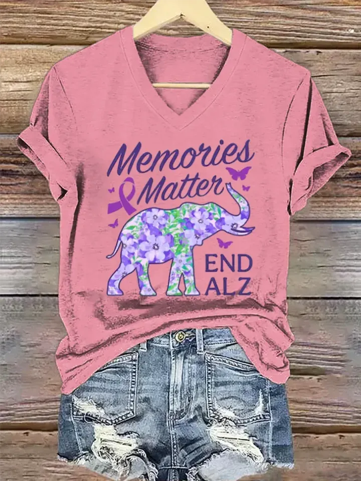 Women's Purple Alzheimer Awareness Art V-neck Casual T-Shirt