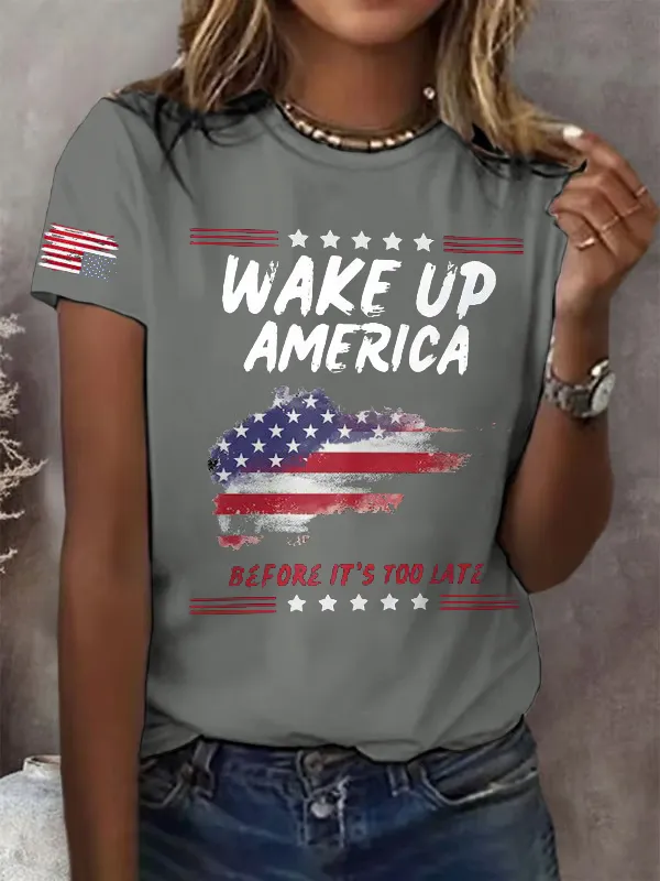 Retro Wake Up America Before It'S Too Late Print T-Shirt