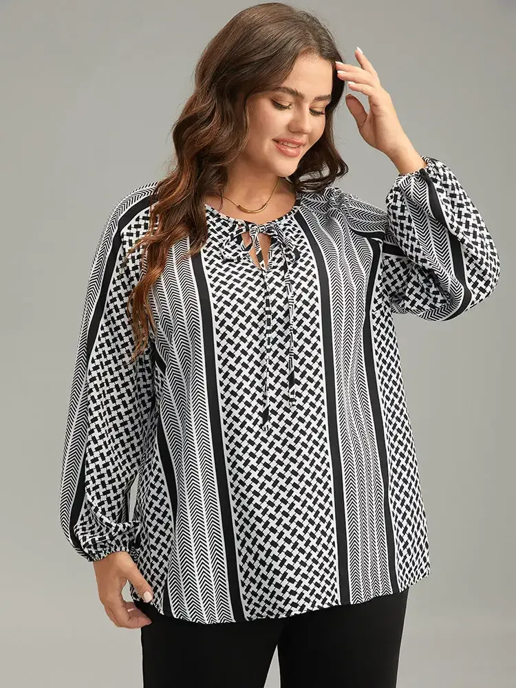 Geo Striped Tie Lantern Sleeve Blouse