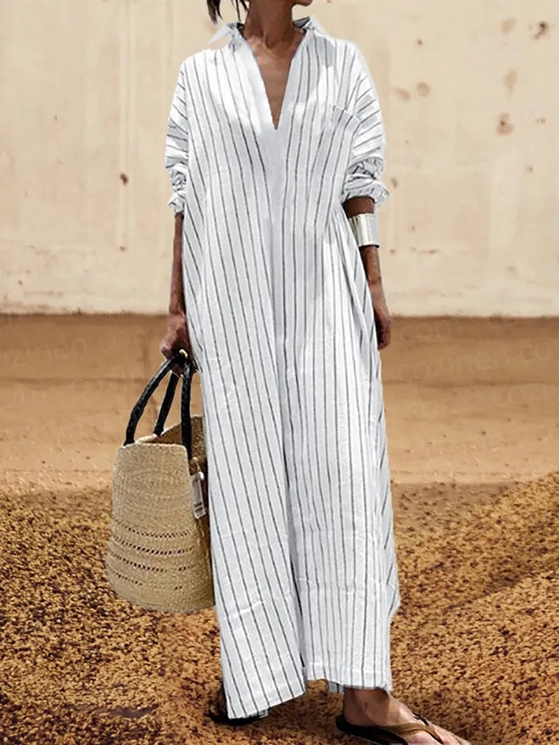 Lapel Stripe Loose Waist Maxi Cardigan Dress
