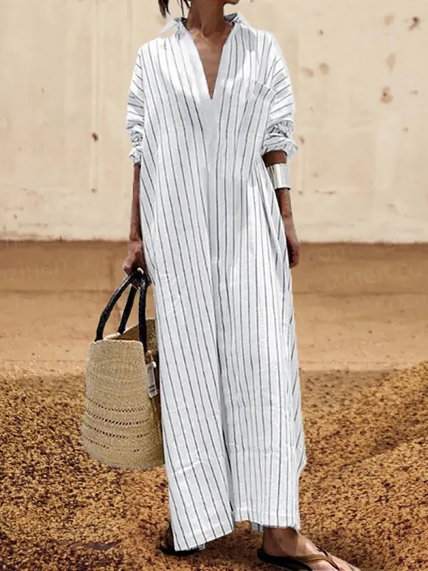 Lapel Stripe Loose Waist Maxi Cardigan Dress