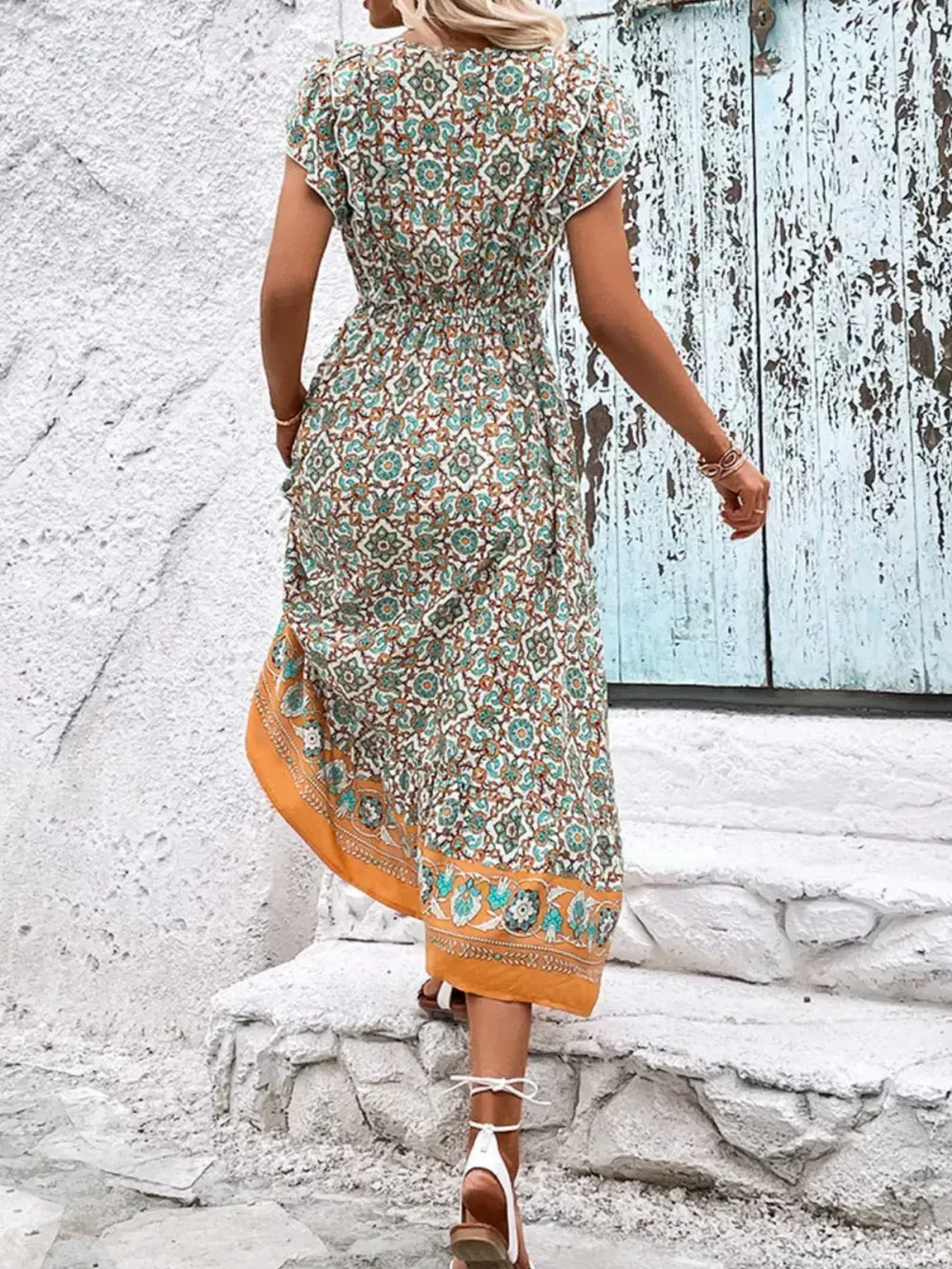 Women Floral V Neck Short Sleeve Comfy Casual Midi Dress