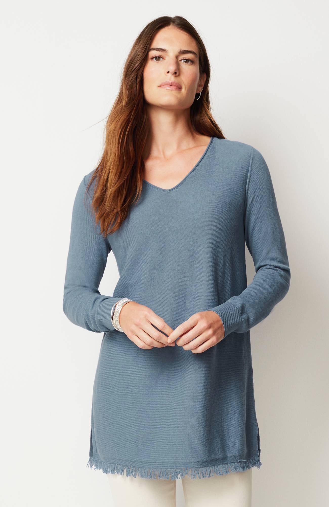 easy fringed-hem v-neck tunic