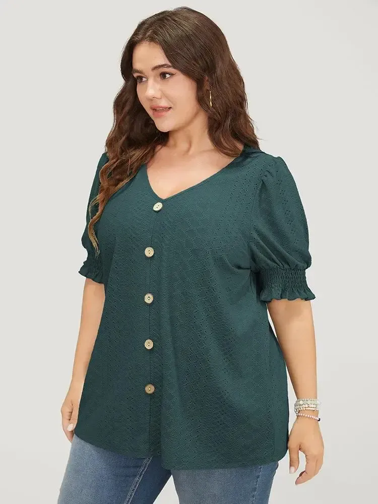 Plain Broderie Anglaise Shirred Puff Sleeve Button Detail T-shirt