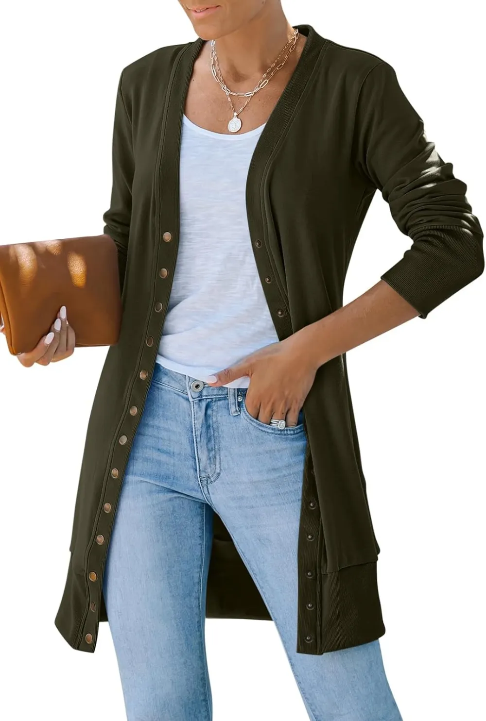 Women's 2024 Fall Long Sleeve Snap Button Down Solid Color Knit Ribbed Neckline Cardigans