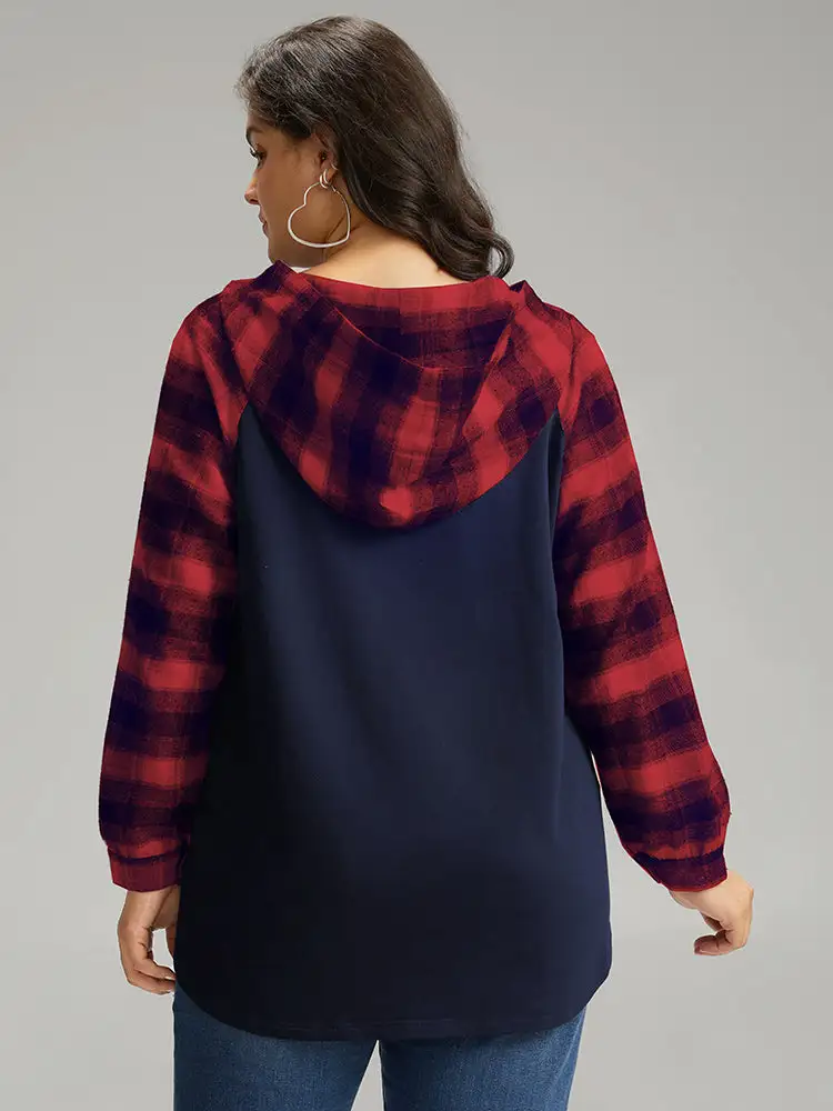 Plaid Print Hooded Patchwork Sweatshirt