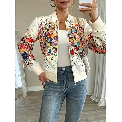 Women's Casual Jacket Comfortable Zipper Fashion Daily Modern Floral School Outdoor Vacation Home Regular Baseball Collar Regular Fit Long Sleeve Outerwear White Spring Fall