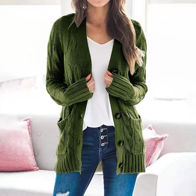 Women's Cardigan Pocket Knitted Button Solid Color Casual Chunky Long Sleeve Regular Fit Sweater Cardigans