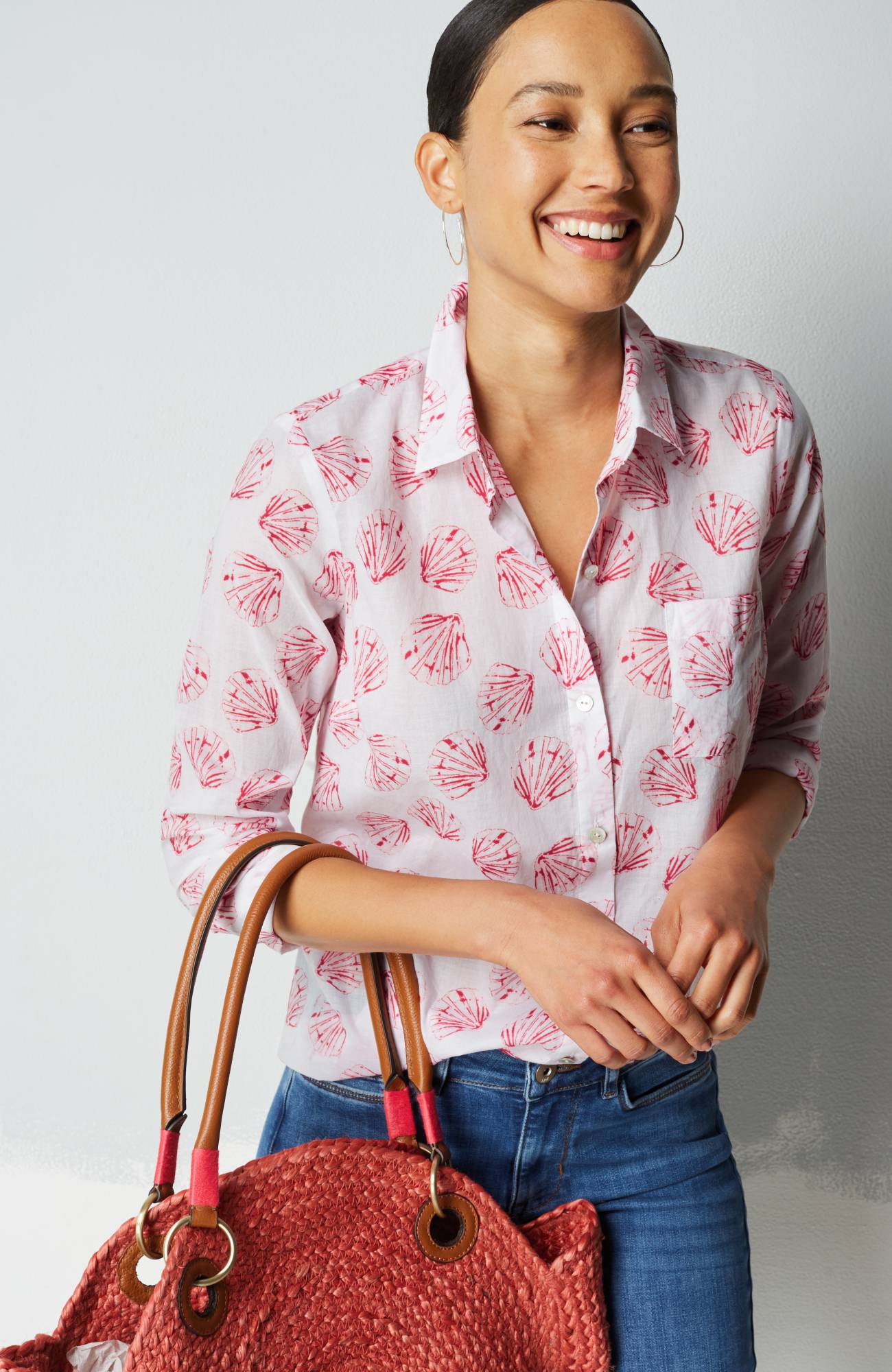 one-pocket shirred-back shirt