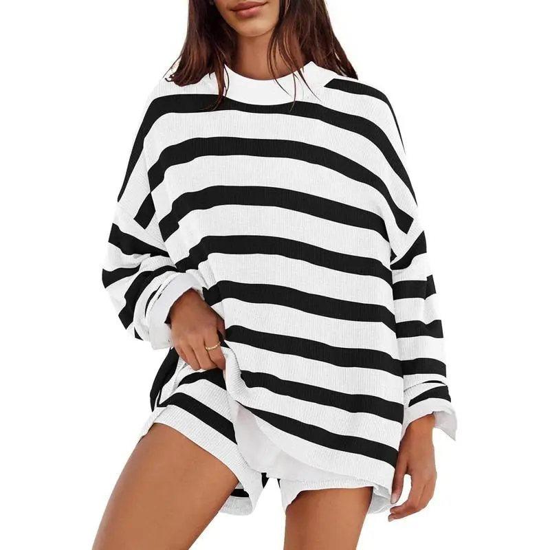 Women's 2 Piece Sweater Lounge Sets Striped Long Sleeve Shorts Oversized Matching Outfits