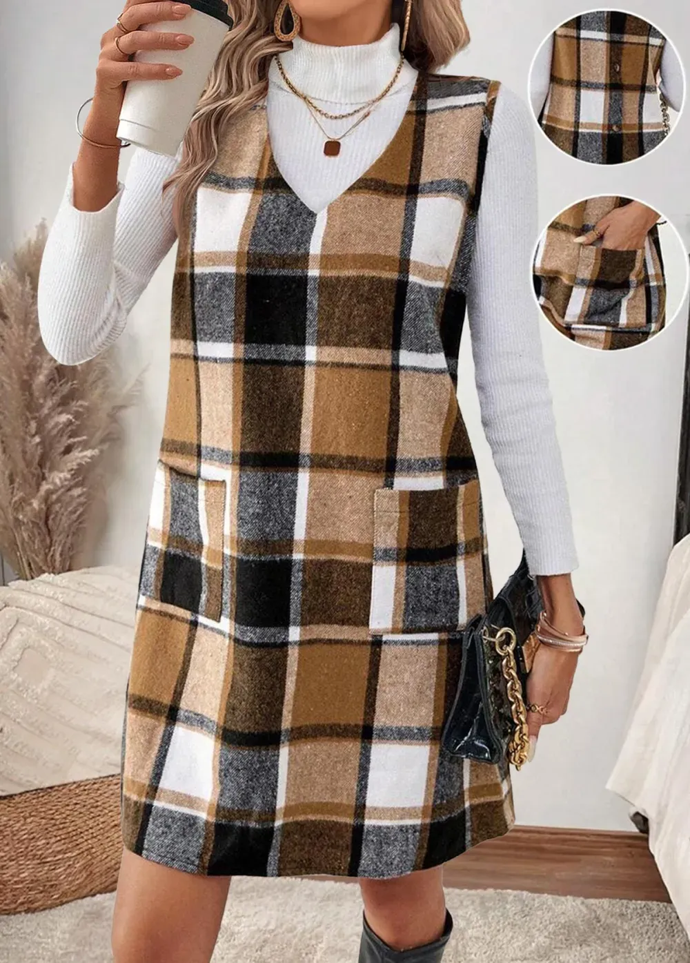 Gray Brown Tummy Coverage Plaid Short Sleeveless Tank Dress