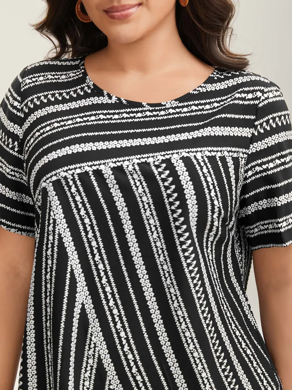 Striped Overlap Print Curvy Hem Blouse