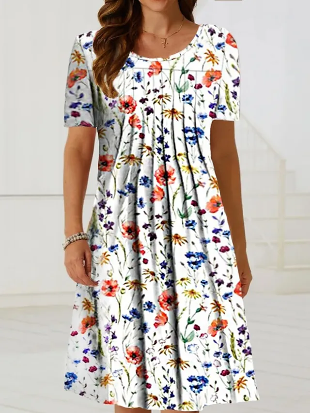 Women's Casual Dress Floral Dress Midi Dress White Short Sleeve Floral Ruched Spring Summer Crew Neck Basic Daily Vacation Weekend 2023 S M L XL XXL 3XL