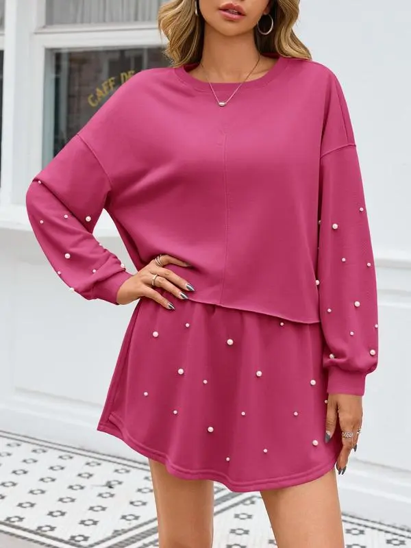 Women's Pearl-Decor Long Sleeve Sweatshirt & Loose Mini Skort 2-Piece Casual Fall Set.