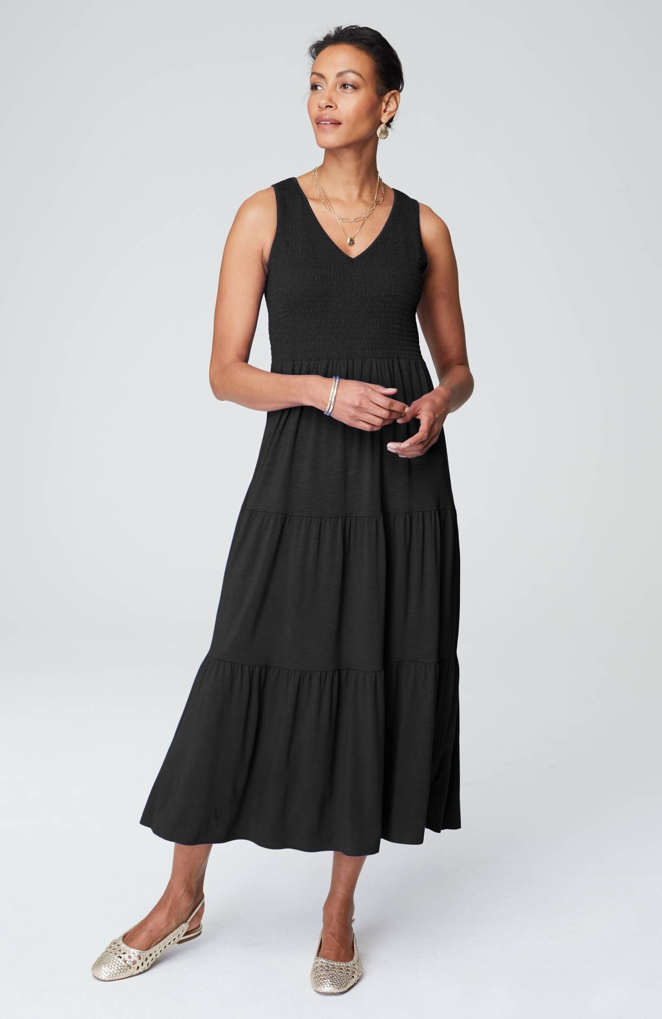 smocked tiered midi dress