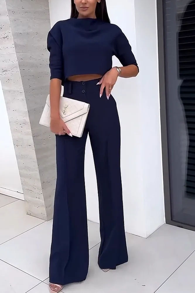 Women's solid color casual top and wide leg pants two-piece set