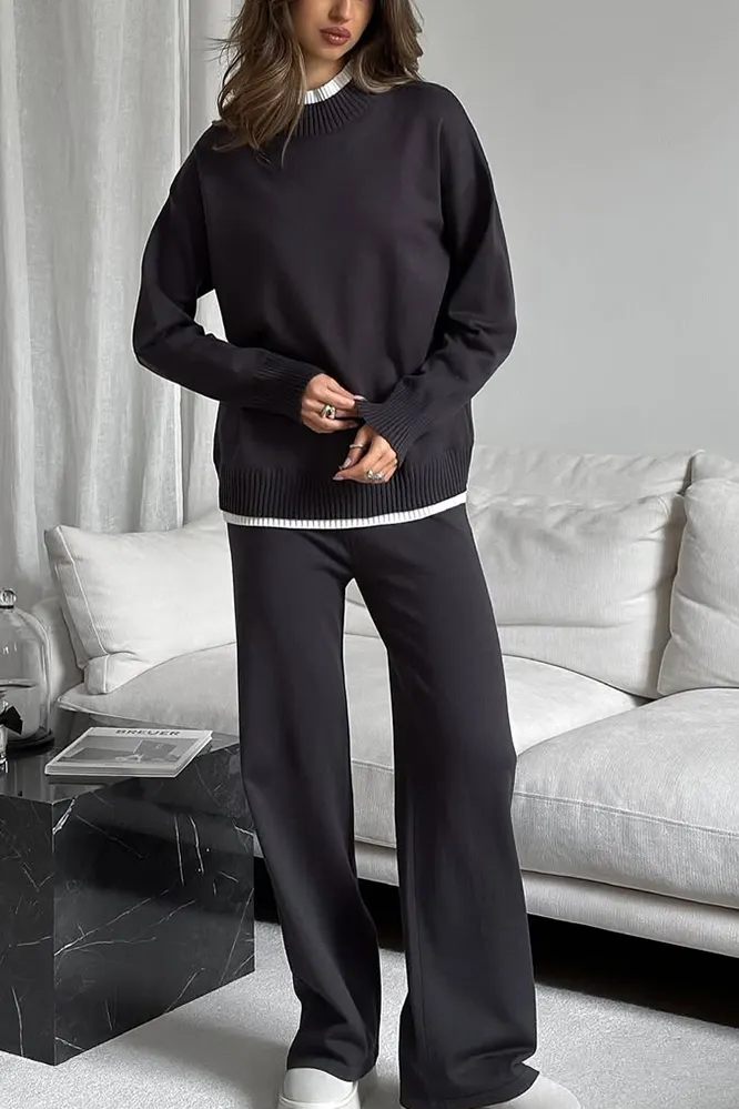 Women's Fashion Contrast Color Fake Two-piece Top & Pants Two-piece Set