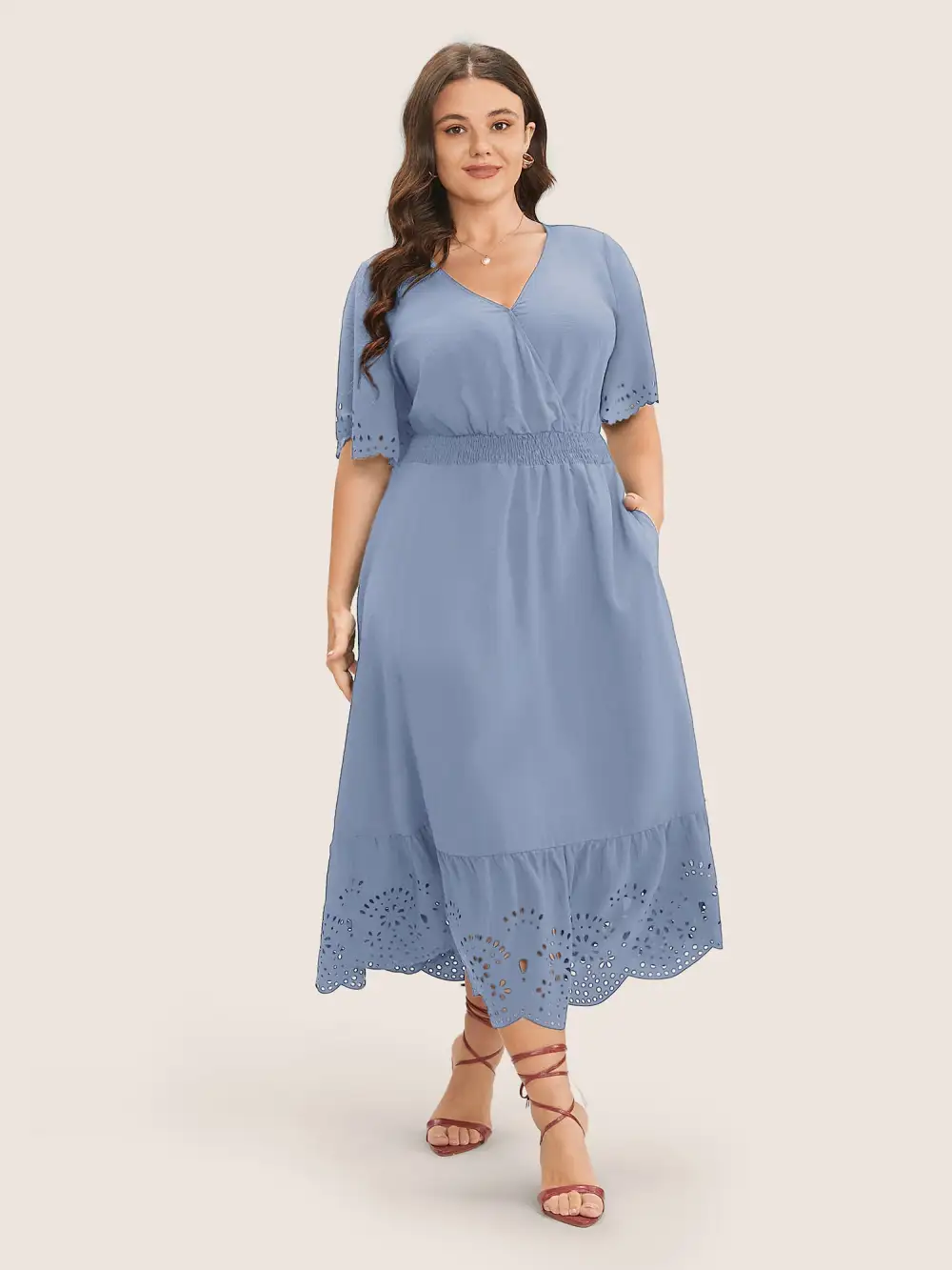 Solid Laser Cut Shirred Pocket Wrap Scalloped Trim Flutter Dress