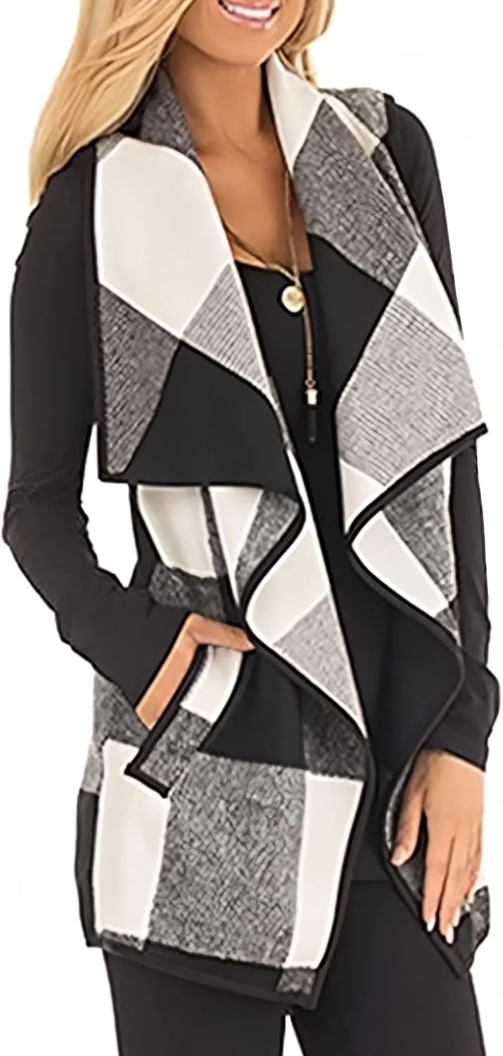 Womens Buffalo Plaid Vest Casual Lapel Open Front Sleeveless Cardigan Jacket Coat with Pockets