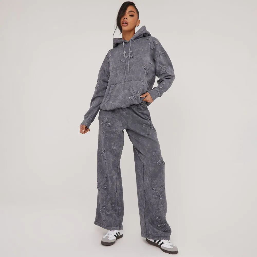 High Waist Cross Patch Detail Oversized Straight Leg Joggers In Acid Wash Grey